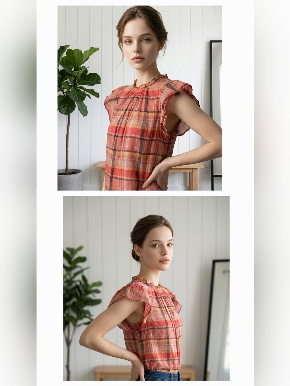 Birds Of Paradis SZ M Boxy Top Short Flutter Sleeve Mock Neck 100% Cotton Plaid